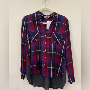 L'AGENCE Silk Red and Blue Plaid Button Down Shirt
